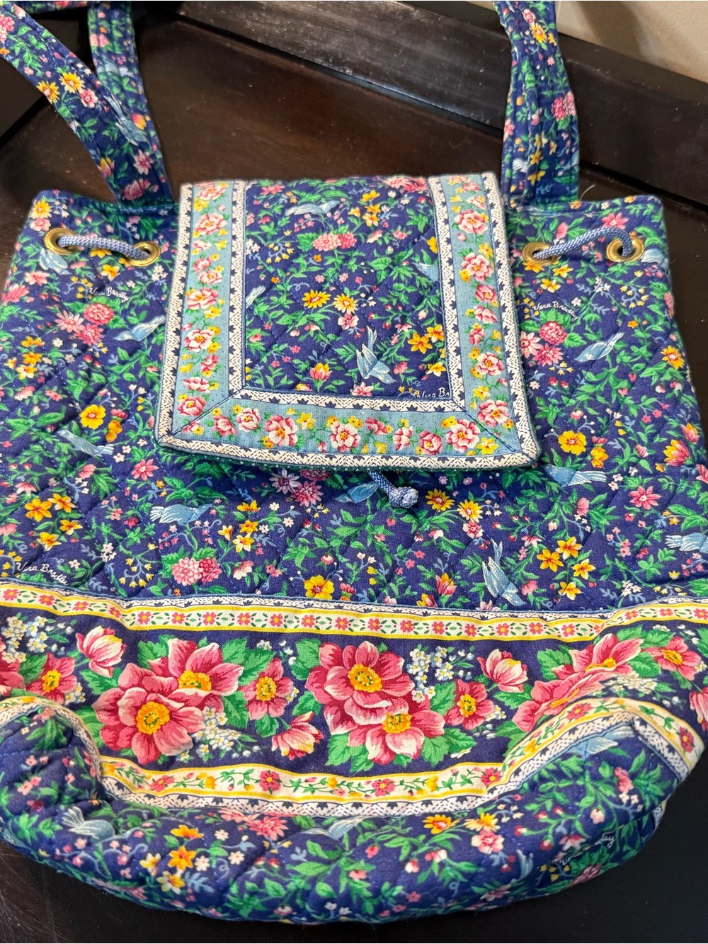 Vera Bradley Navy Floral Quilted Shoulder Tote with Pink Accents